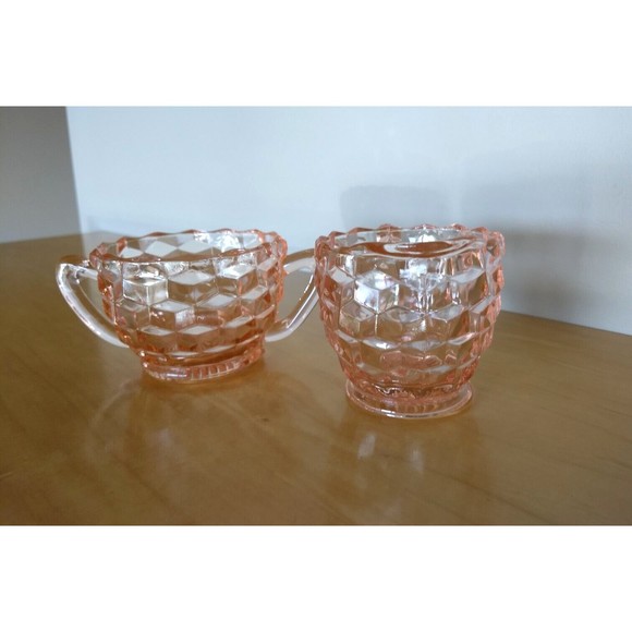 PINK DEPRESSION GLASS Creamer & Sugar Bowl Set Jeanette DIAMOND CUBIST Vintage - Picture 7 of 16